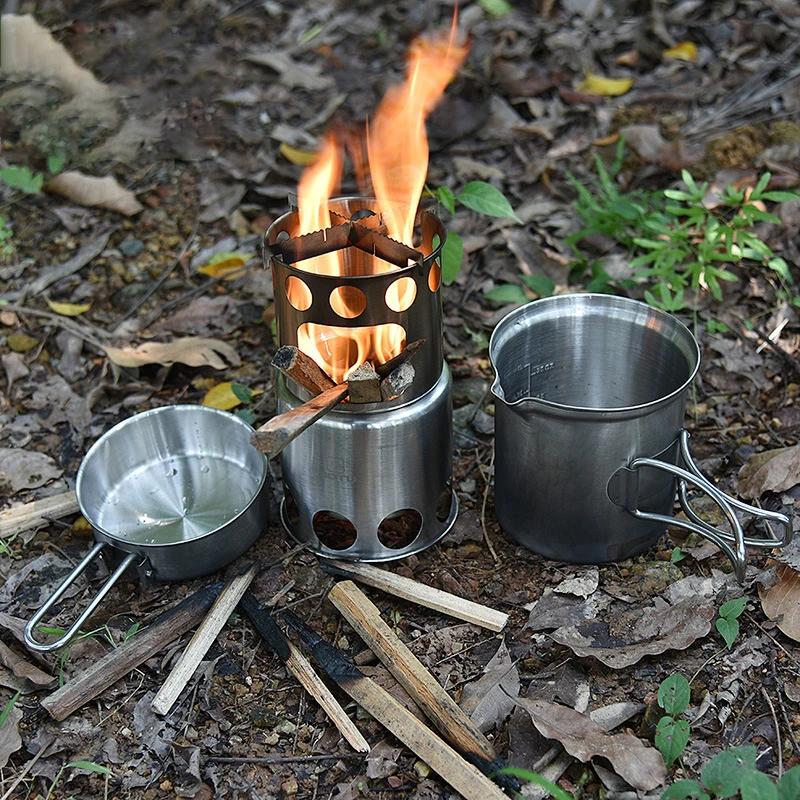 Portable Single Picnic Firewood Stove Pot Set Camping Long-travel Stainless Steel Tableware Cookware Outdoor Equipme